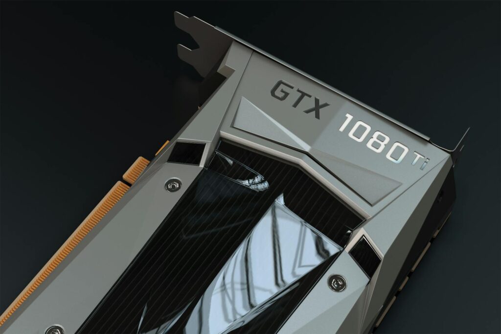 Detailed close-up of a GTX 1080 Ti graphics card, perfect for tech enthusiasts.