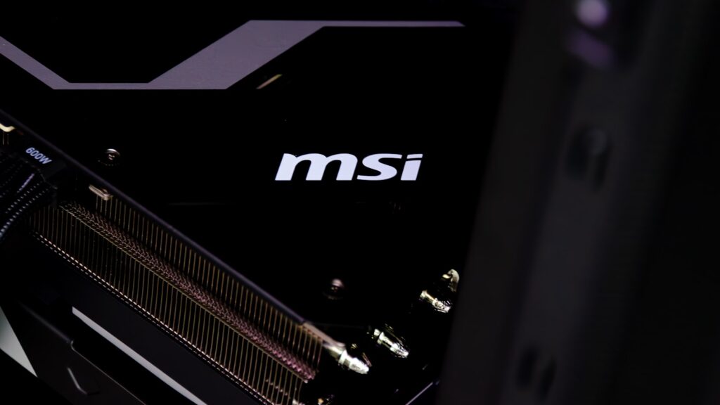 A close up of the msi logo on the side of a motherboard